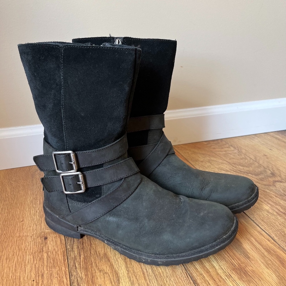 UGG Black Suede Moto Boots with Buckles